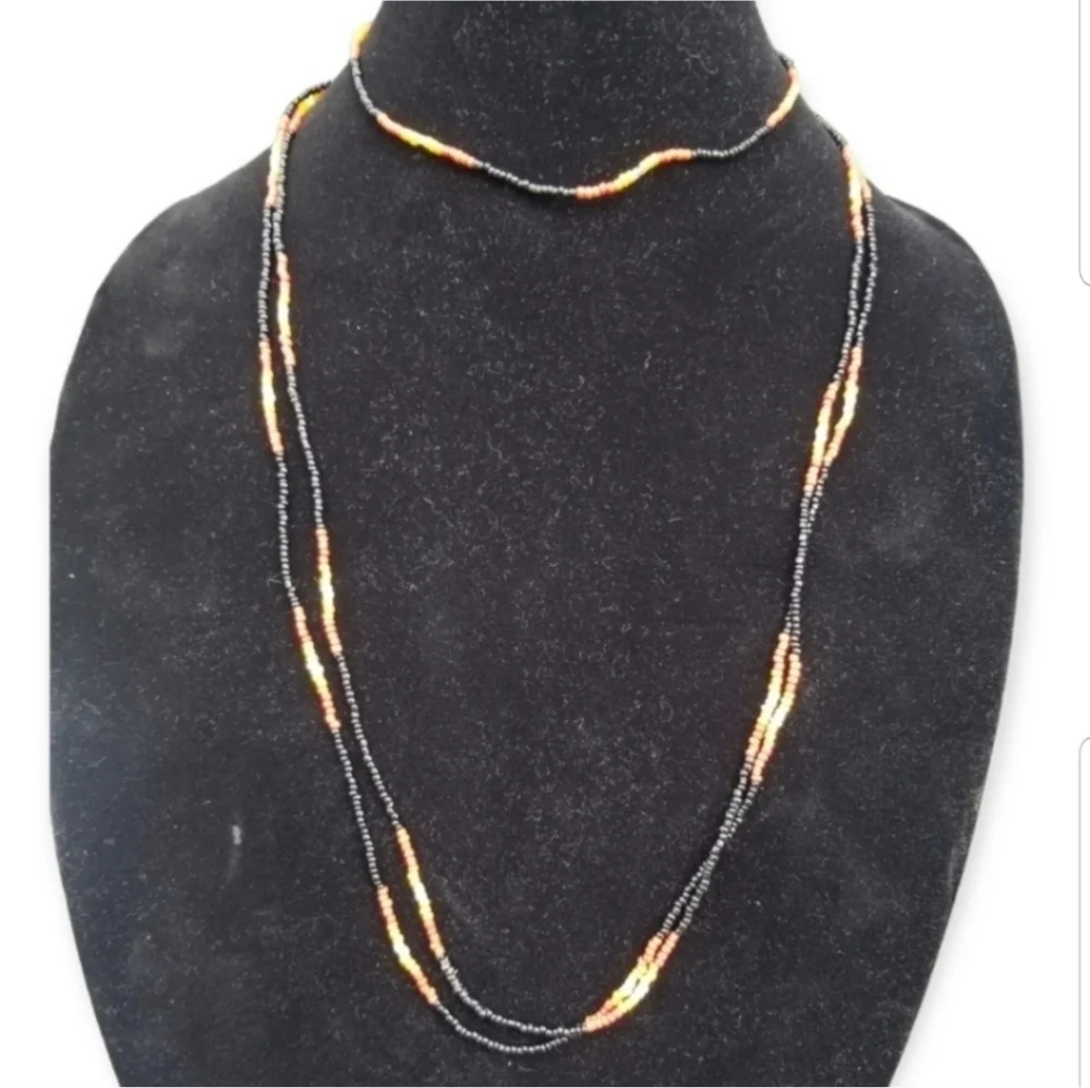 Vintage Seed Bead Necklace Set - Sunset Palette Black Orange Yellow Red